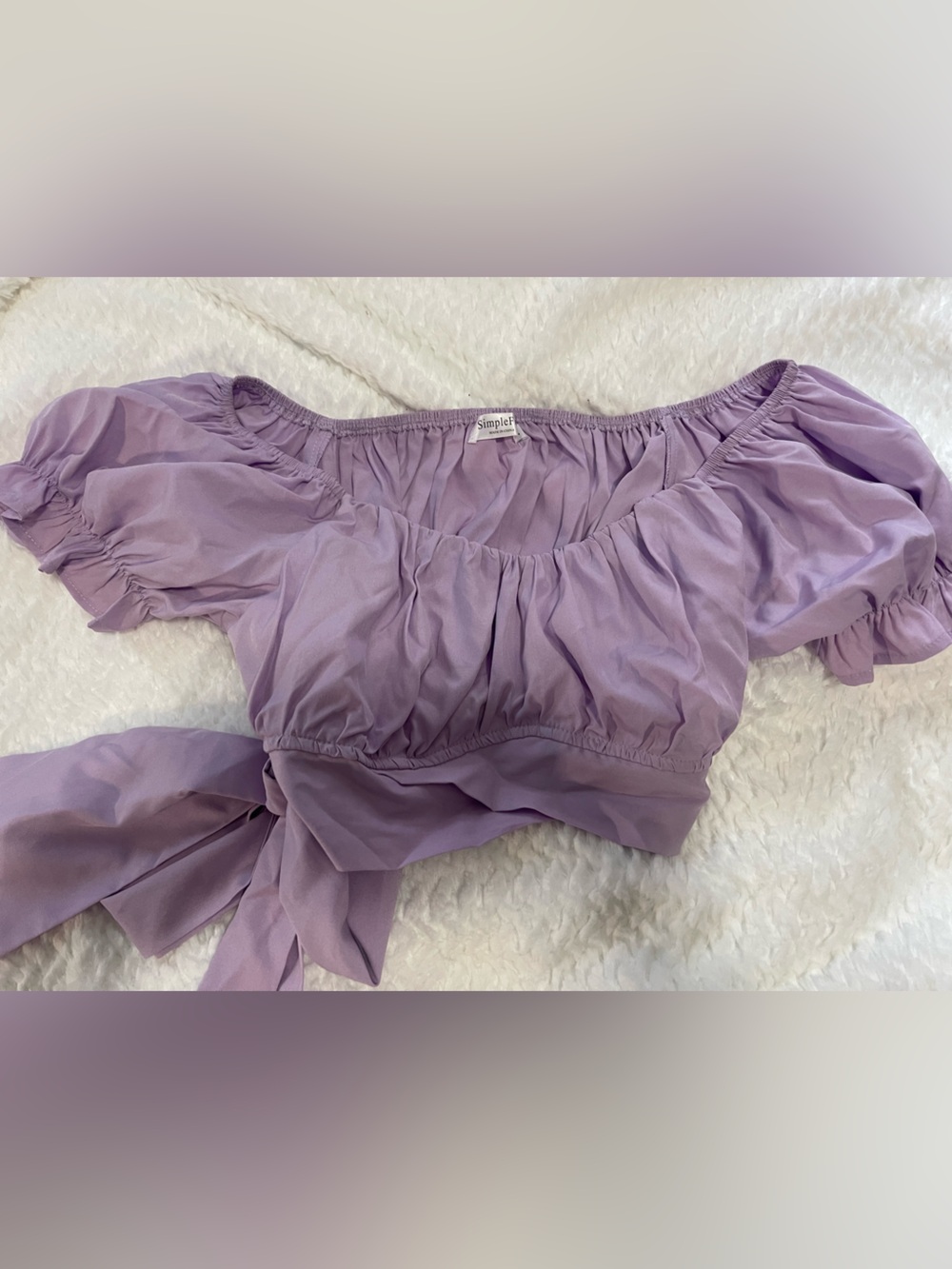 SimpleFun Lavender Purple Puff Sleeve Tie-Front Crop Top Size M